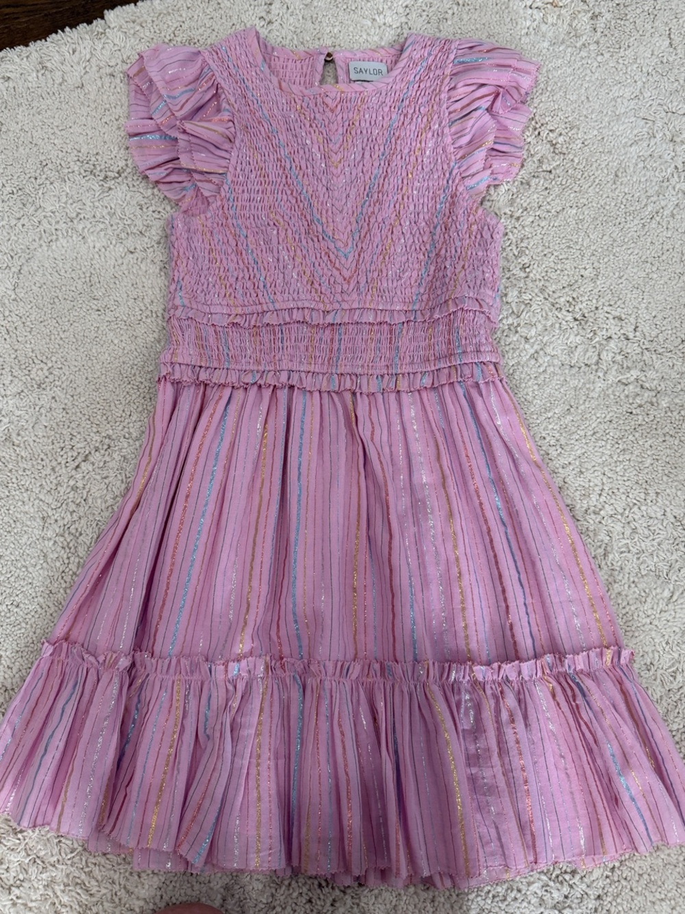 SAYLOR Pink Metallic-Striped Ruffle Dress